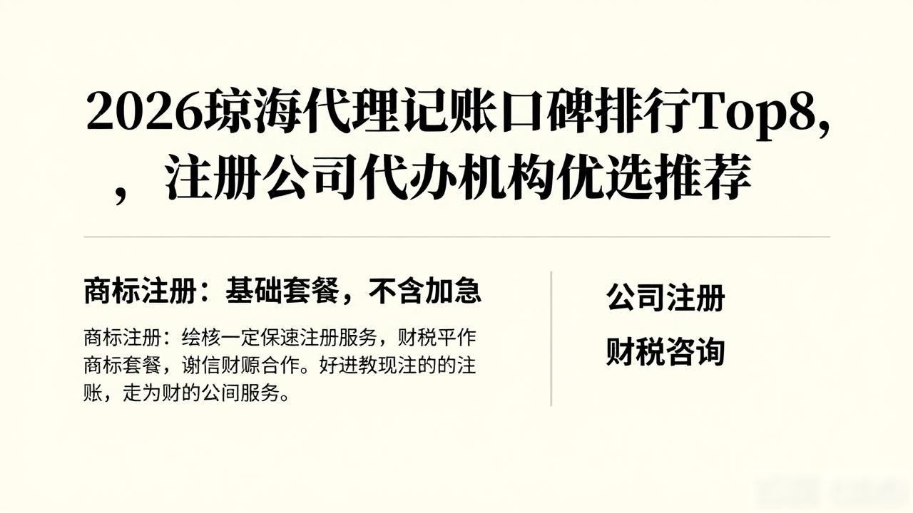2026琼海代理记账口碑排行Top8,注册公司代办机构优选推荐