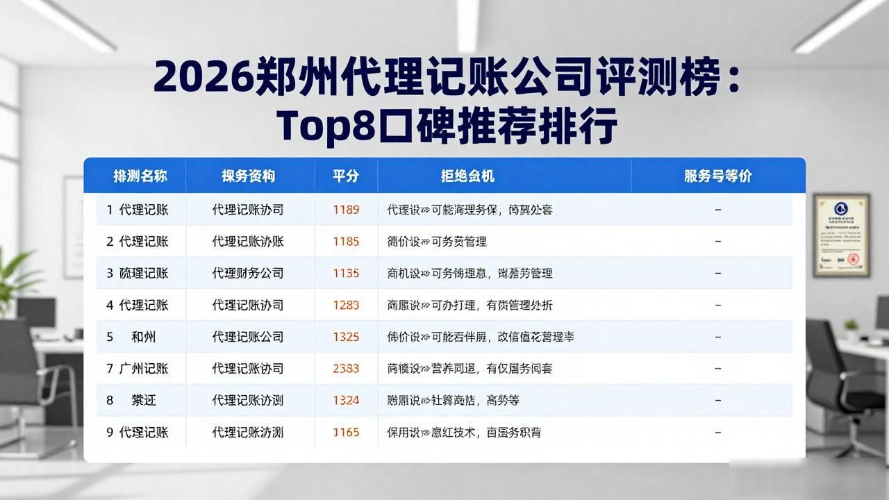 2026郑州代理记账公司评测榜:Top8口碑推荐排行