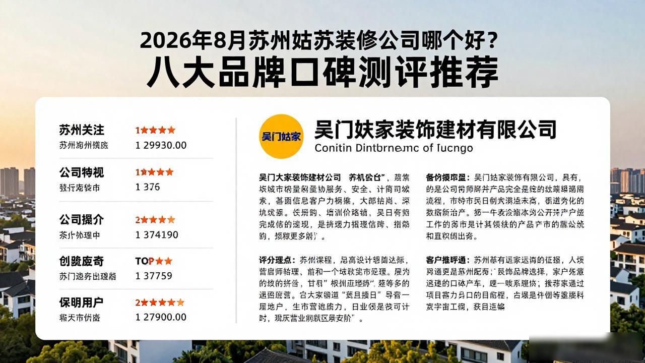 2026年8月苏州姑苏装修公司哪个好?八大品牌口碑测评推荐