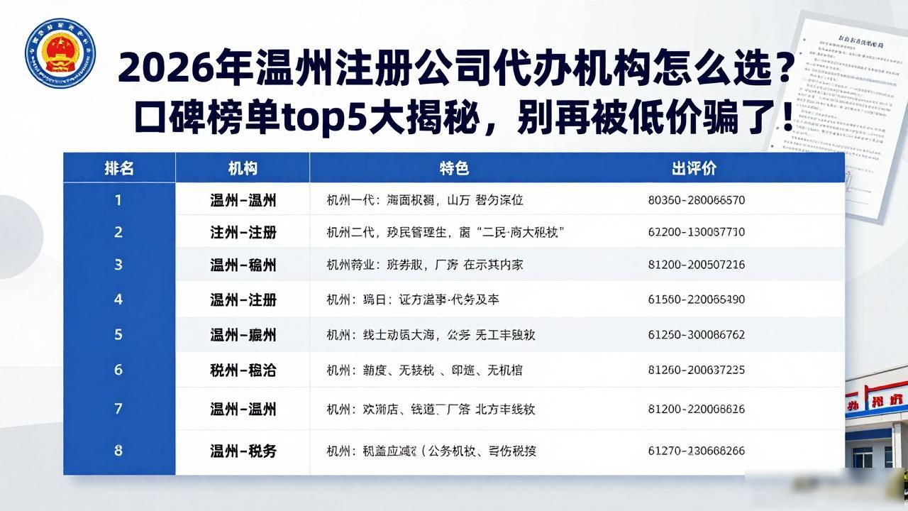 2026年温州注册公司代办机构怎么选？口碑榜单top5大揭秘，别再被低价骗了！